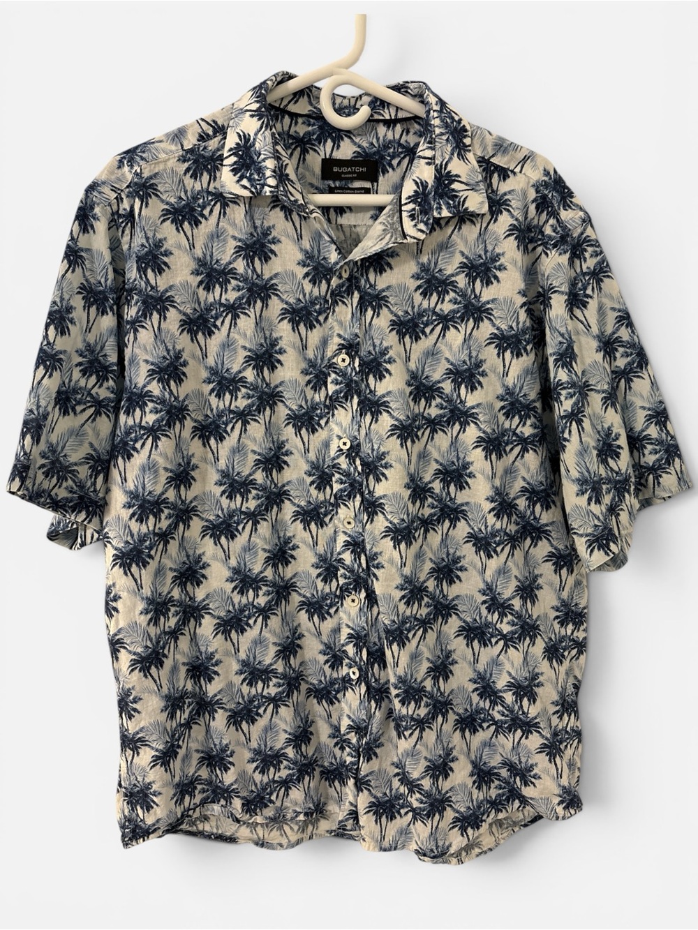 Bugatchi Beige Short-Sleeve Palm Print Button-Down Shirt linen cotton blend